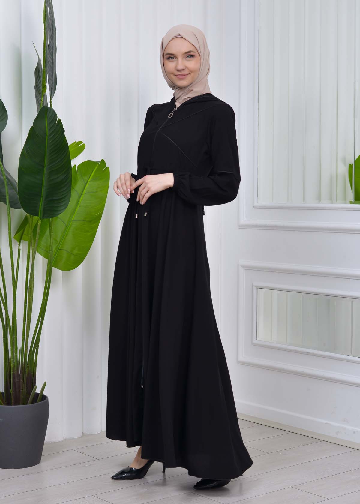 Women's Hooded Abaya with Detachable Belt 605 Siyah