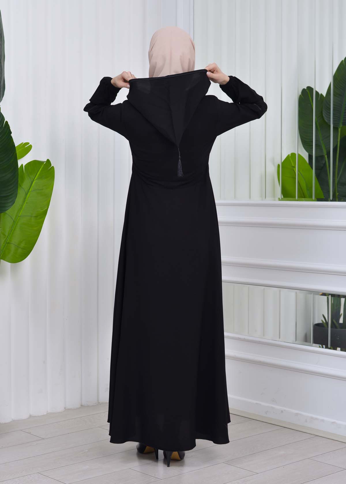 Women's Hooded Abaya with Detachable Belt 605 Siyah