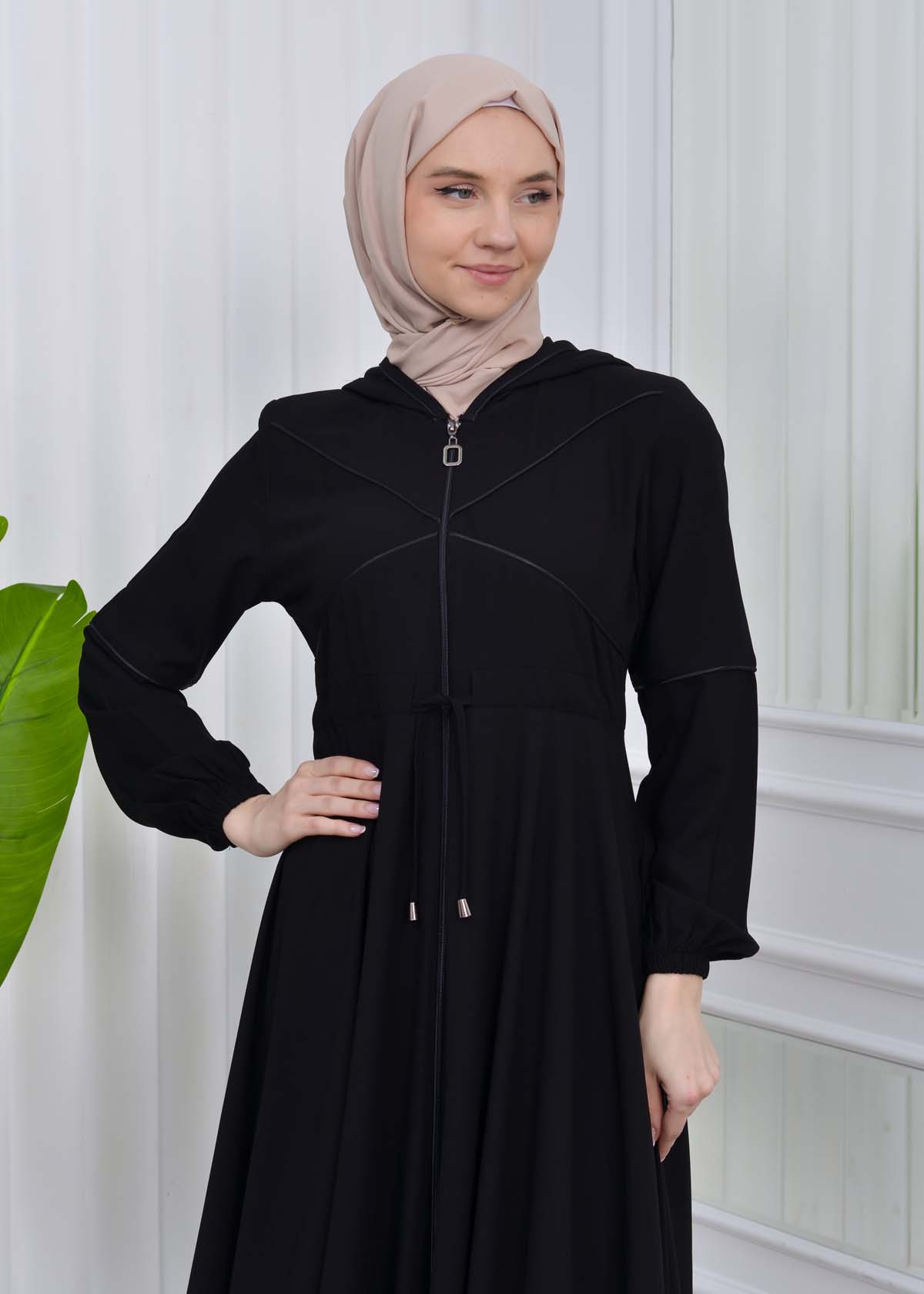 Women's Hooded Abaya with Detachable Belt 605 Siyah