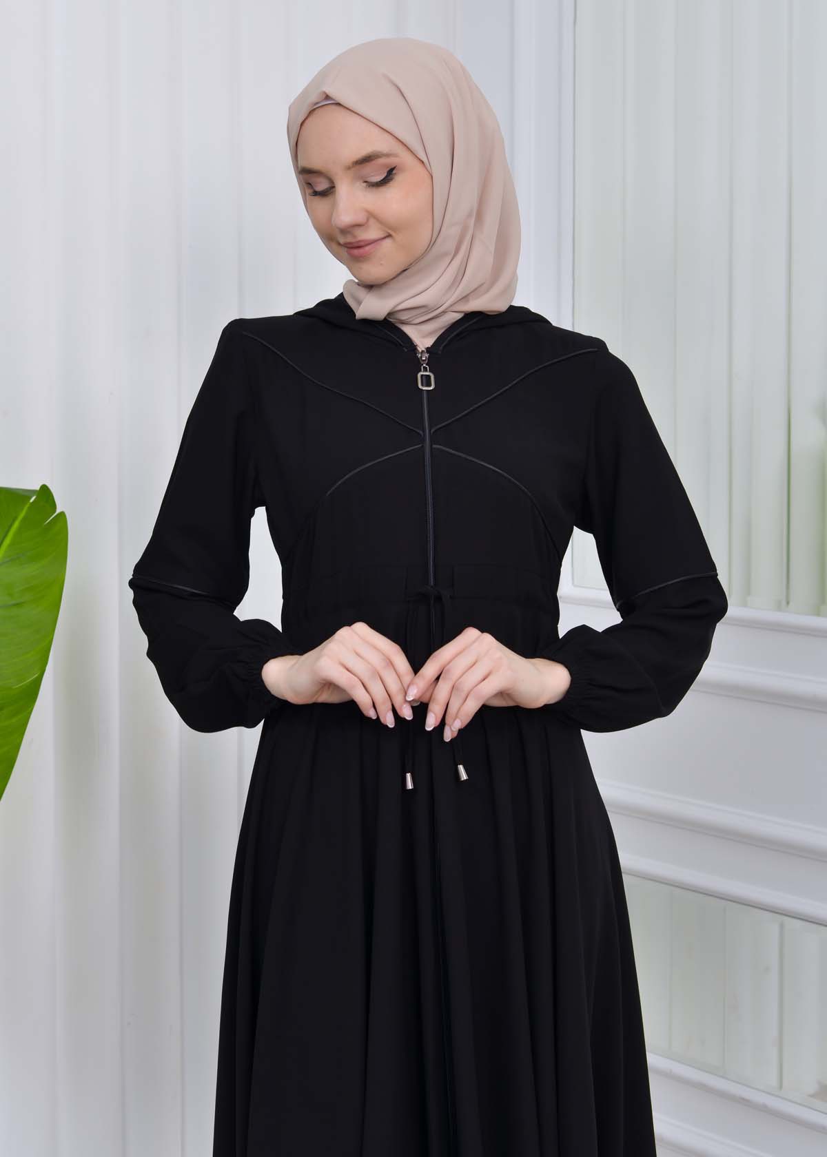 Women's Hooded Abaya with Detachable Belt 605 Siyah