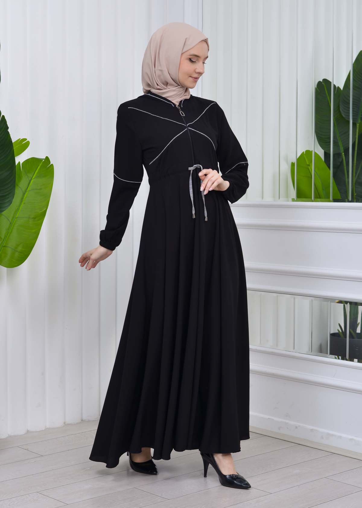 Women's Hooded Abaya with Detachable Belt 605 Beyaz