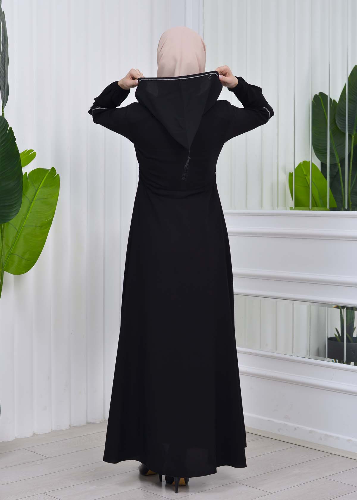 Women's Hooded Abaya with Detachable Belt 605 Beyaz