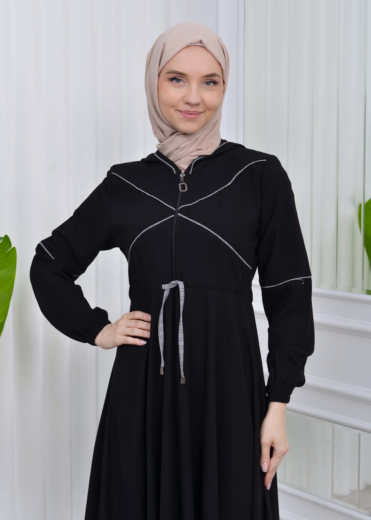 Women's Hooded Abaya with Detachable Belt 605 Beyaz