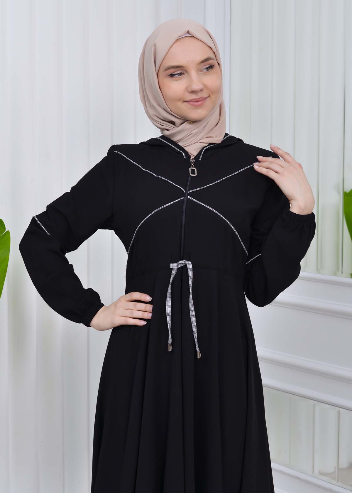 Women's Hooded Abaya with Detachable Belt 605 Beyaz