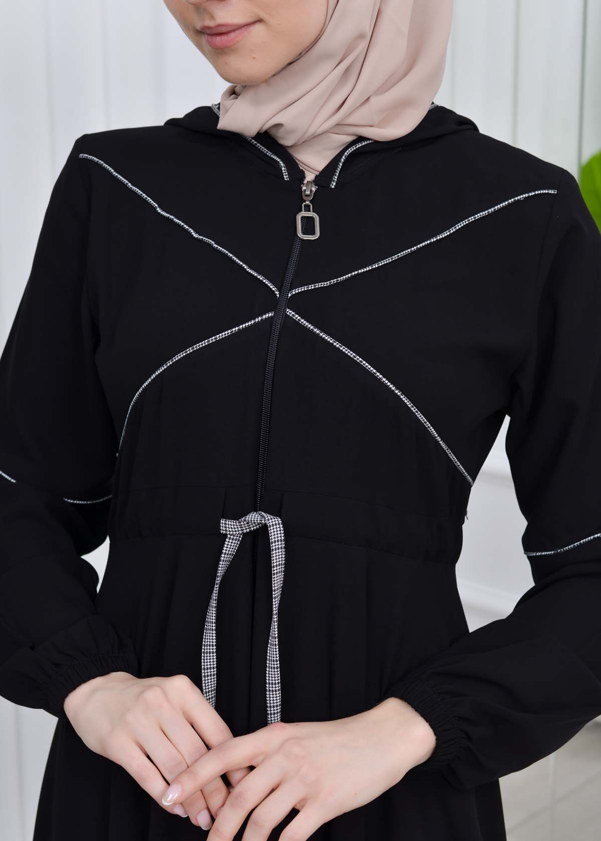 Women's Hooded Abaya with Detachable Belt 605 Beyaz