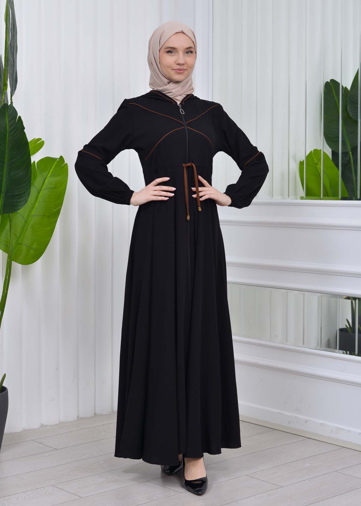 Women's Hooded Abaya with Detachable Belt 605 Kahve