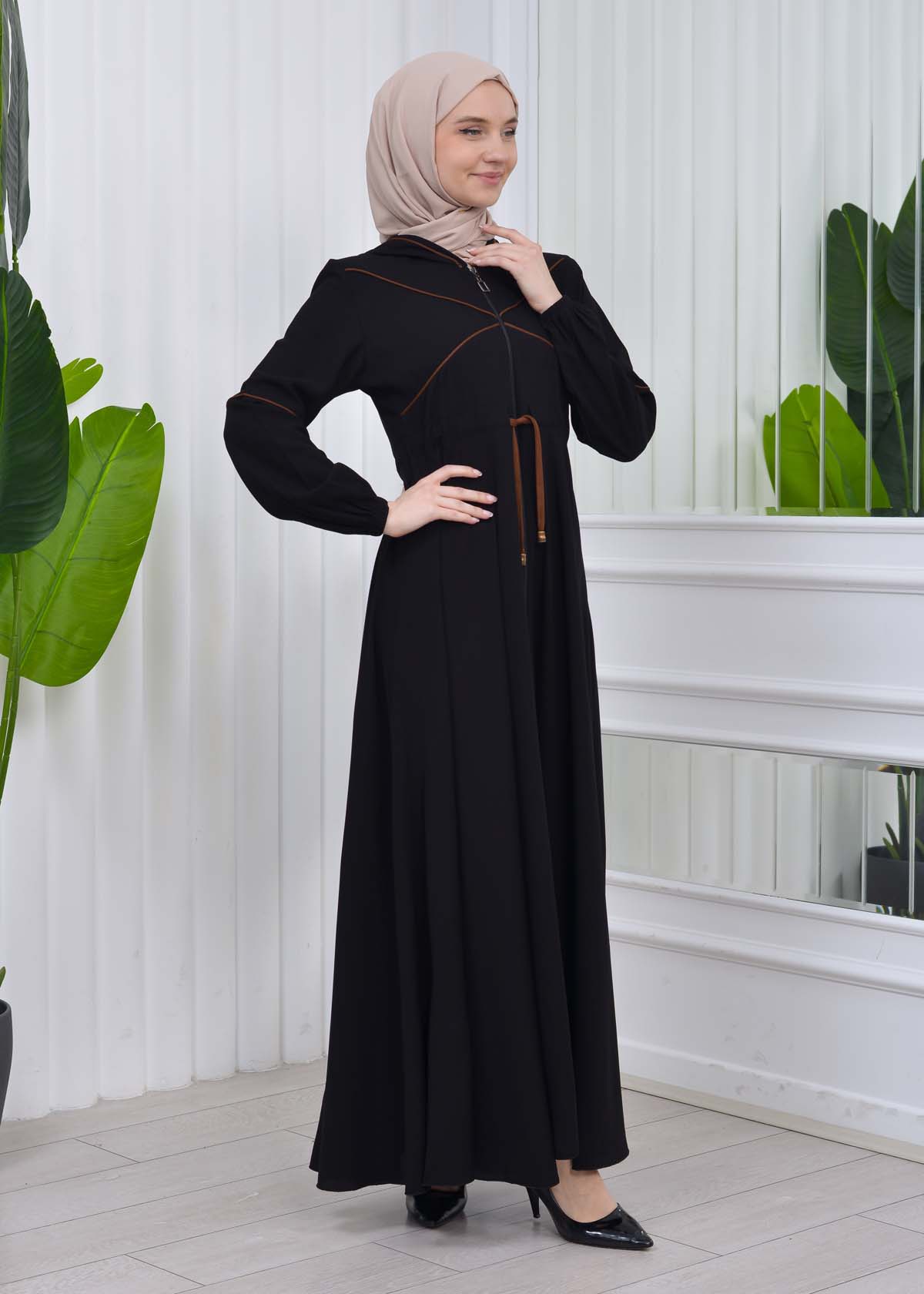 Women's Hooded Abaya with Detachable Belt 605 Kahve