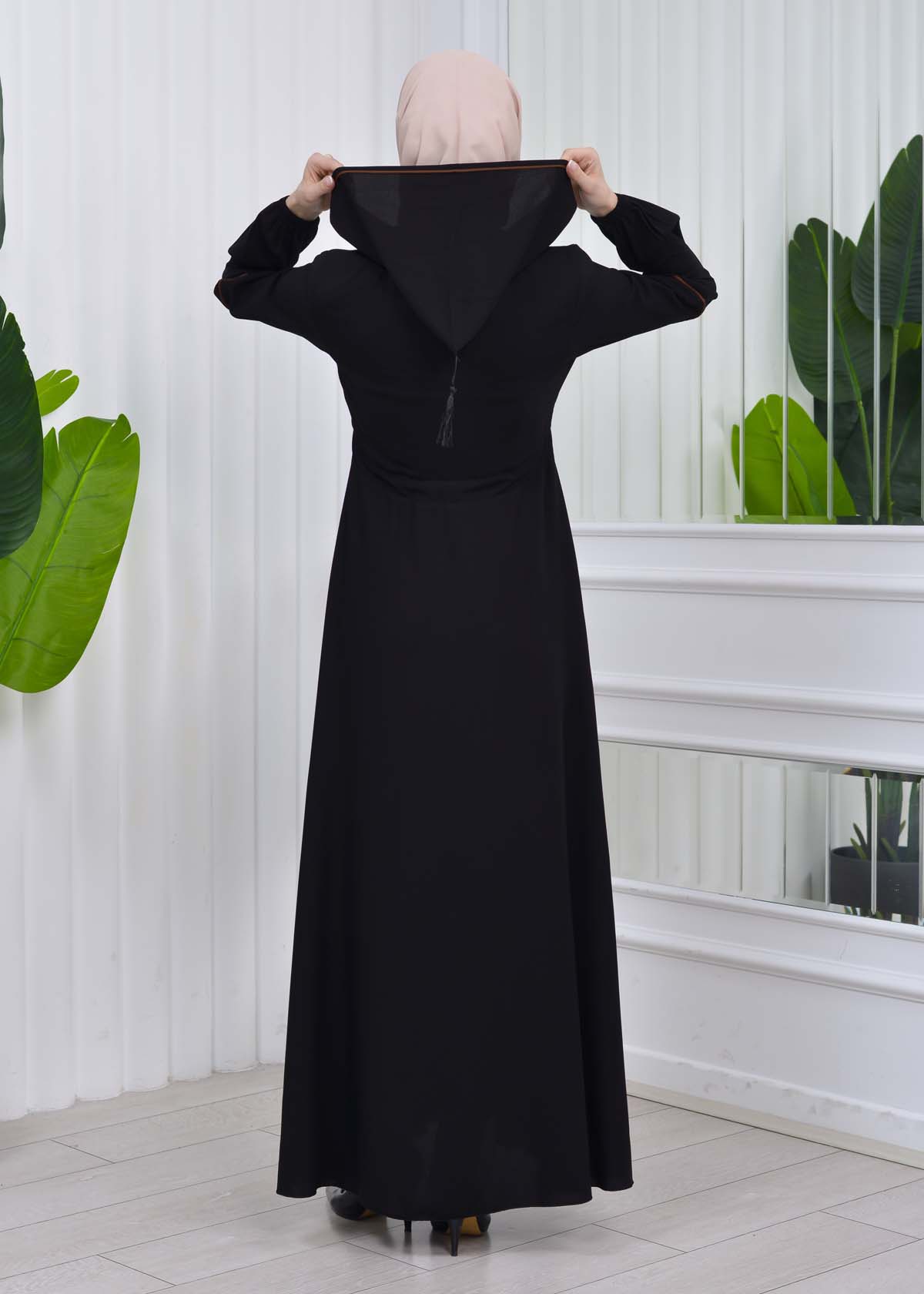 Women's Hooded Abaya with Detachable Belt 605 Kahve