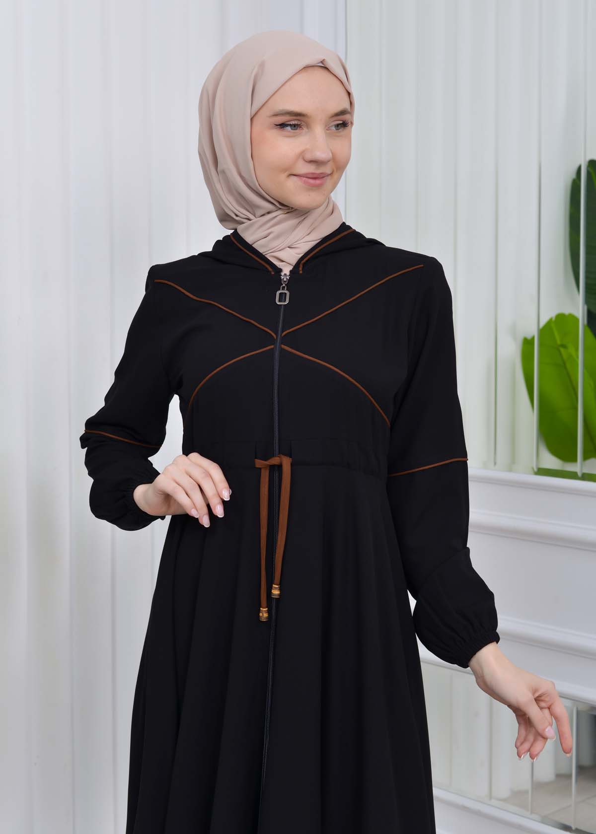 Women's Hooded Abaya with Detachable Belt 605 Kahve