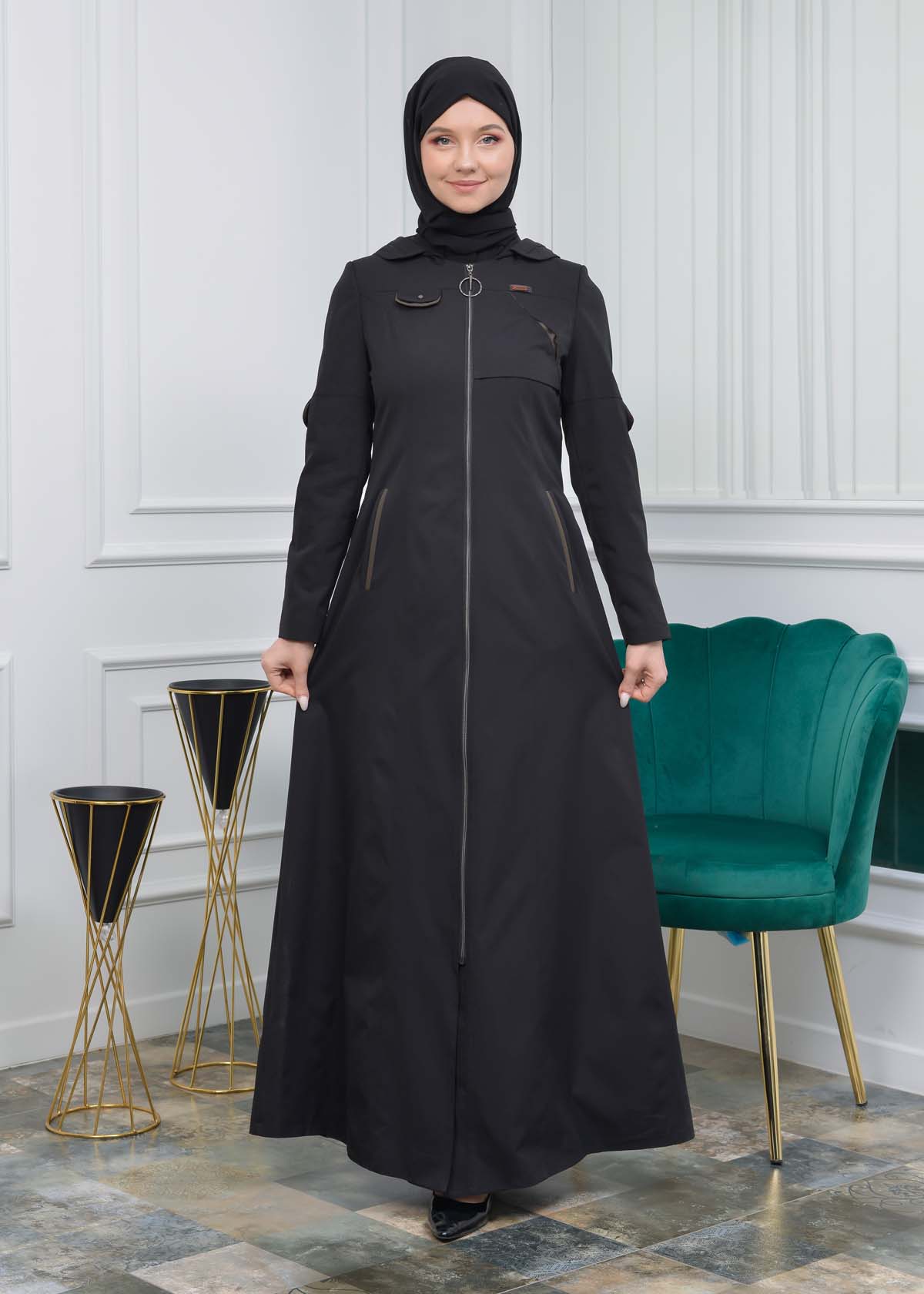 Women Hoodied Overcoat of parashot Fabric 1103 Siyah