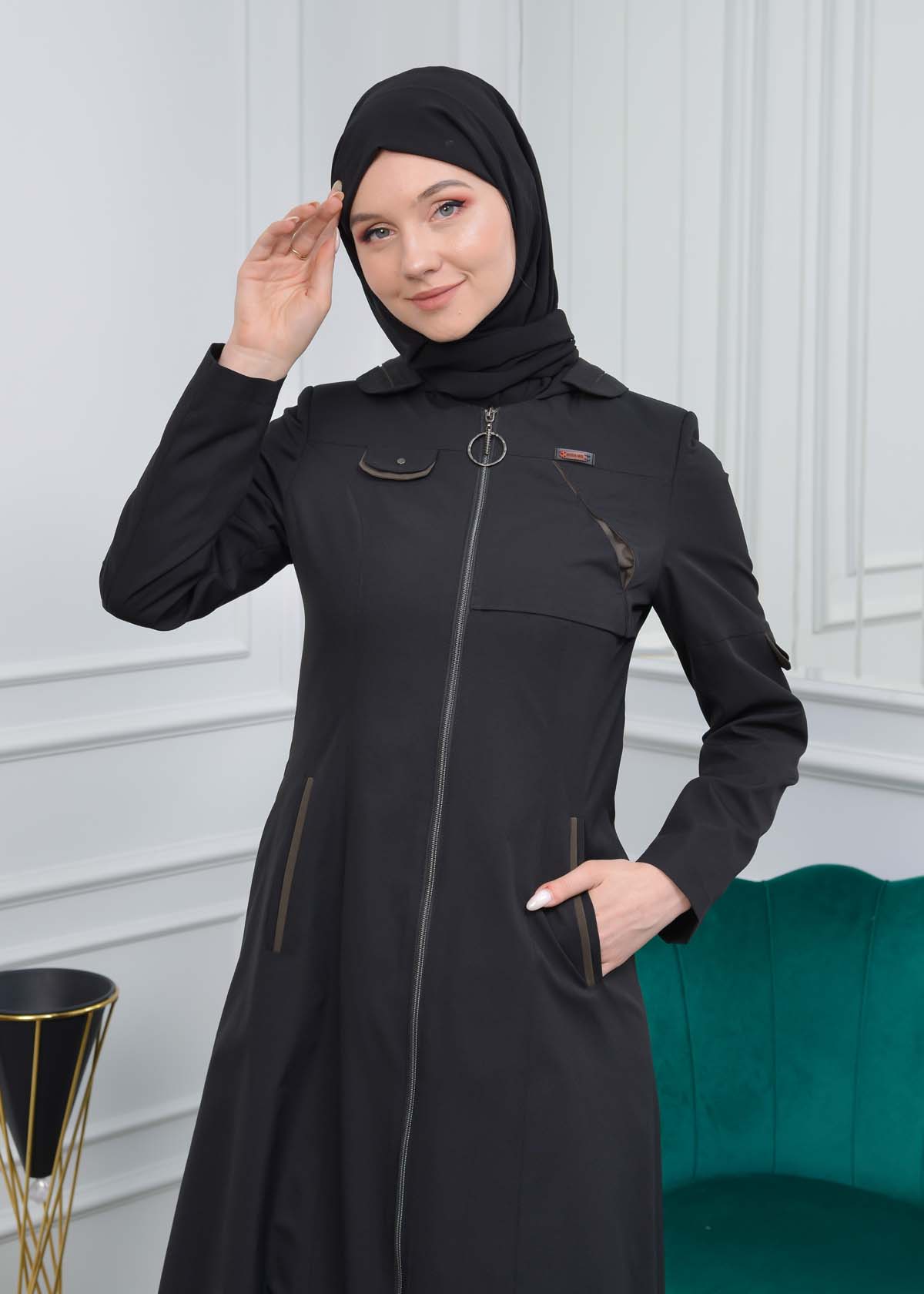 Women Hoodied Overcoat of parashot Fabric 1103 Siyah