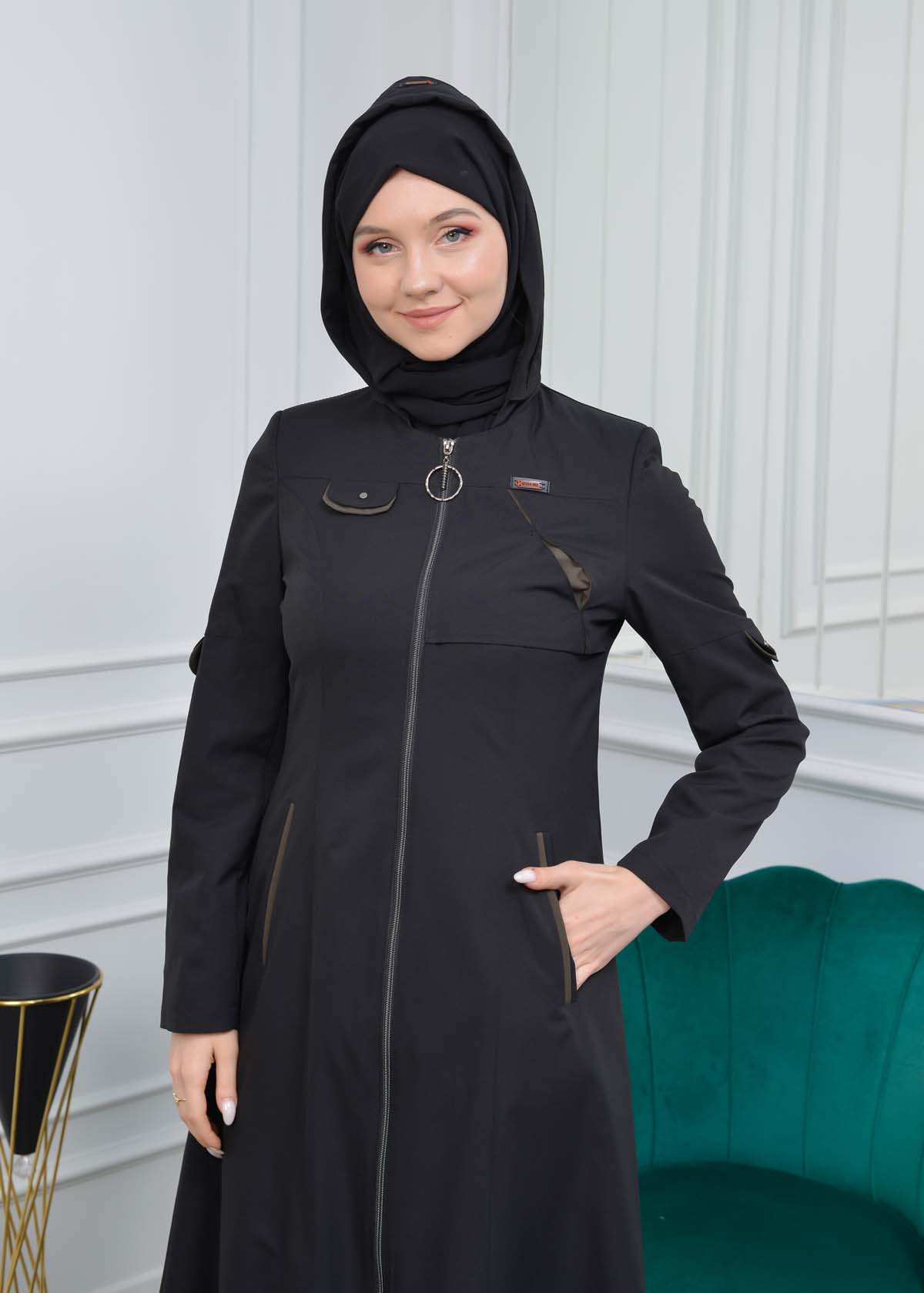 Women Hoodied Overcoat of parashot Fabric 1103 Siyah