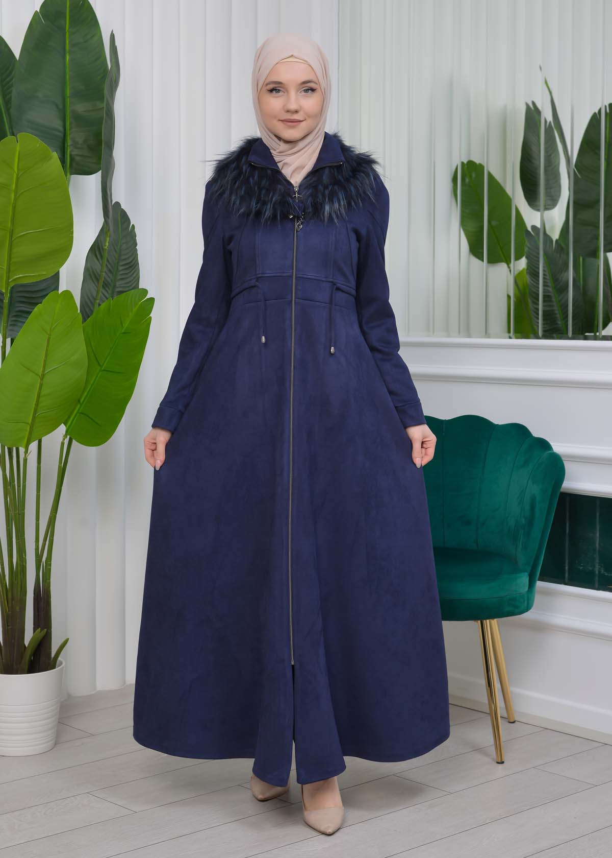Women's Fur Zipper Collar Satin Lined Suede Coat 1326 Lacivert
