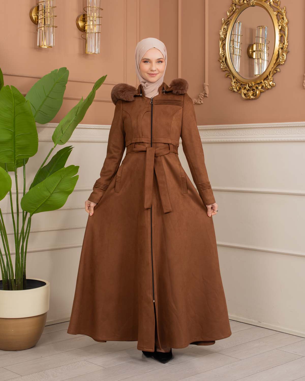 Women’s Long Winter Suede Coat 1369 - tan