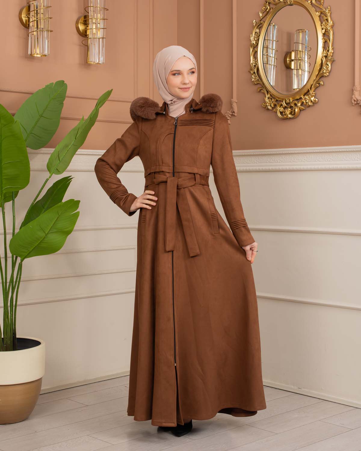 Women’s Long Winter Suede Coat 1369 - tan