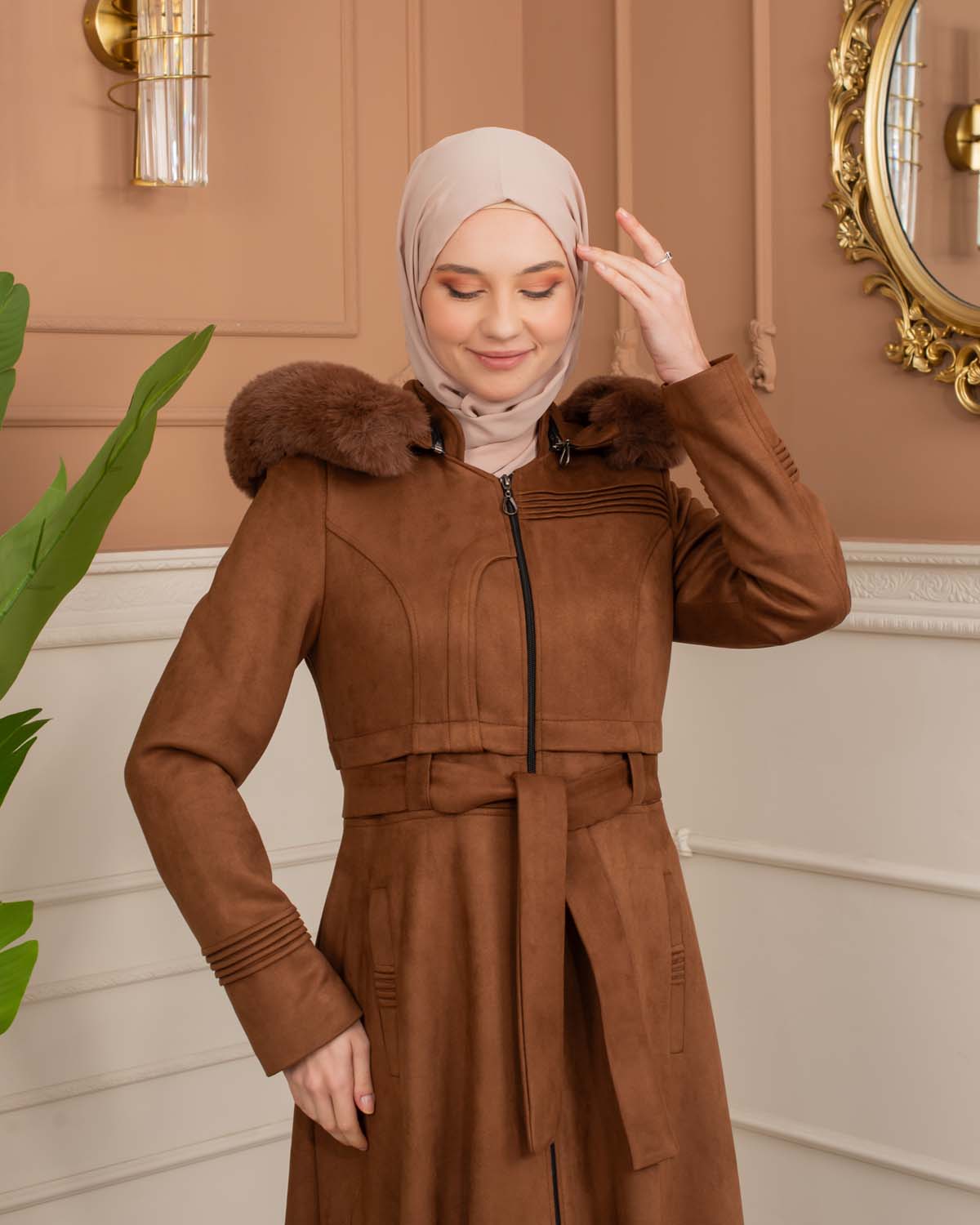 Women’s Long Winter Suede Coat 1369 - tan