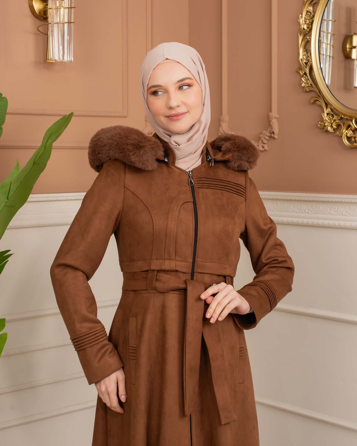 Women’s Long Winter Suede Coat 1369 - tan