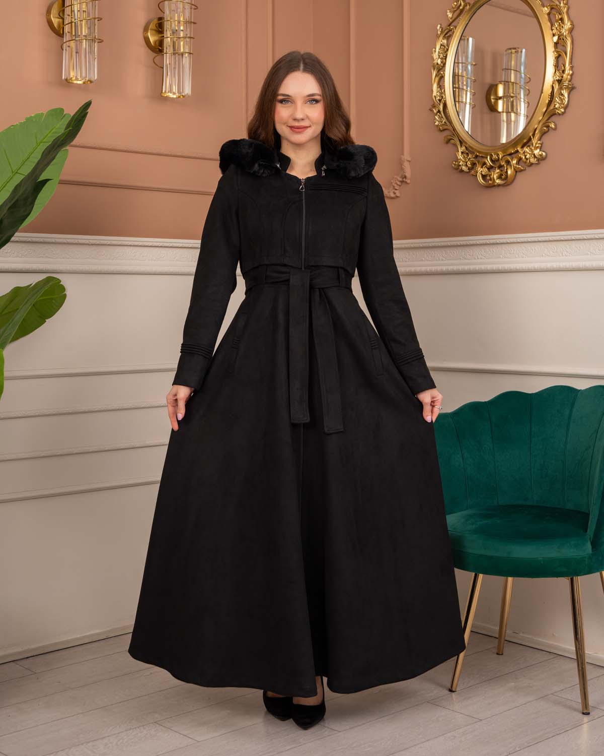 Women’s Long Winter Suede Coat 1369 - black