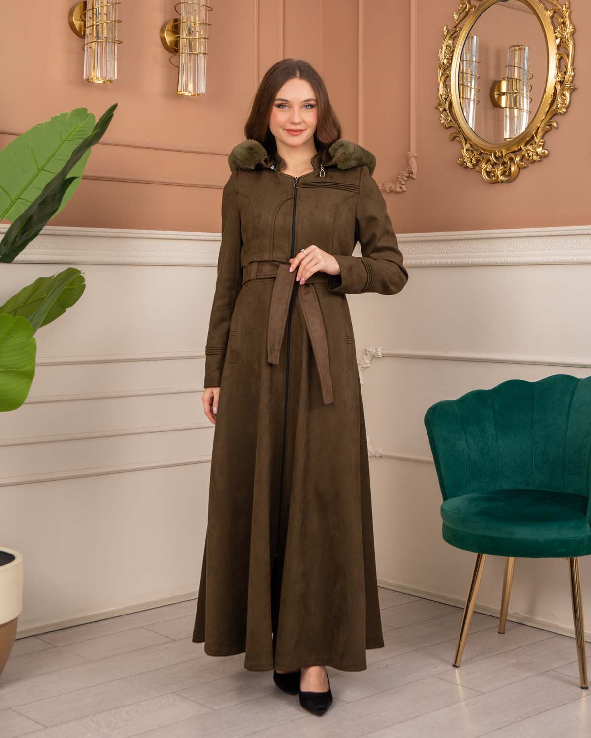 Women’s Long Winter Suede Coat 1369 - khaki