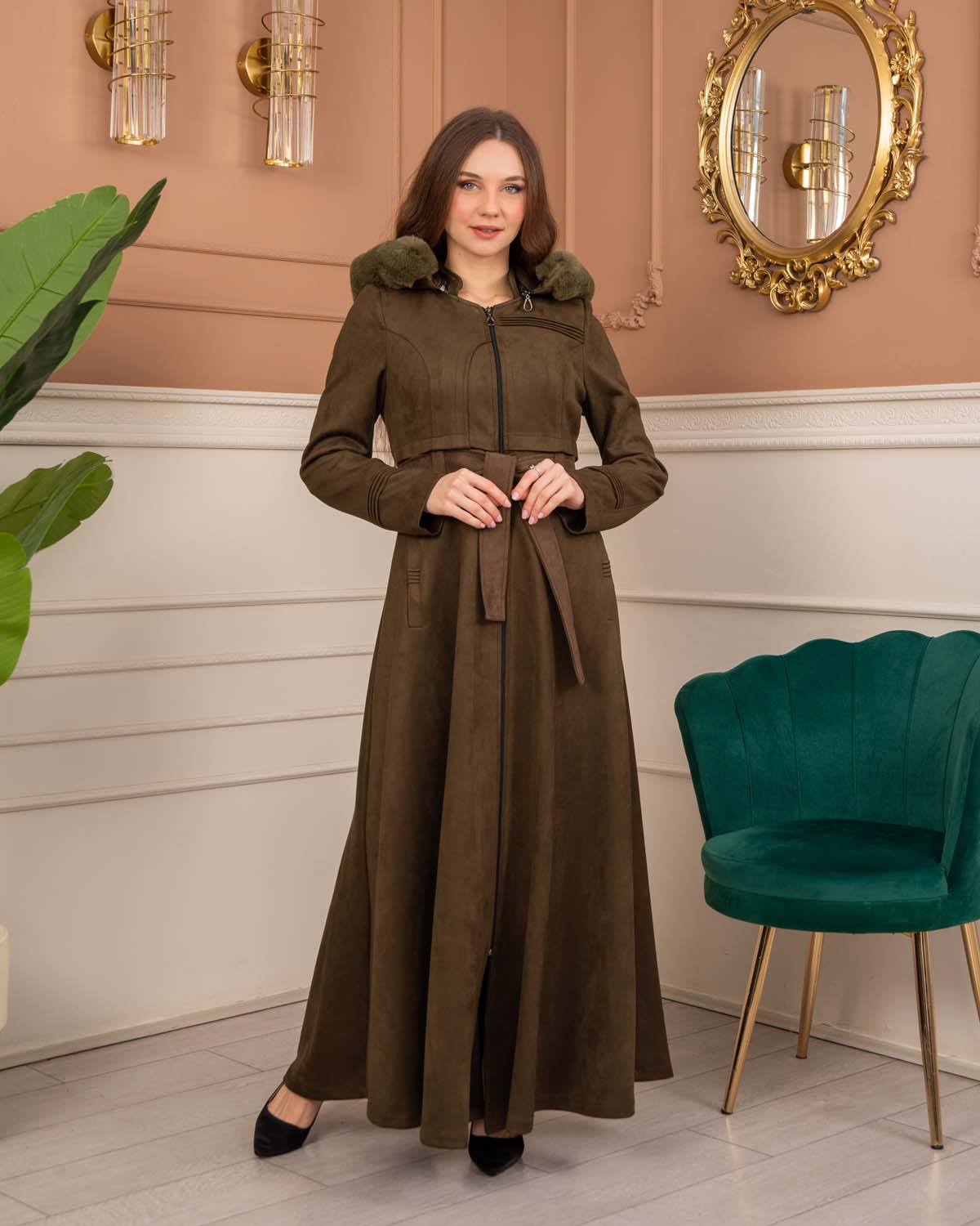 Women’s Long Winter Suede Coat 1369 - khaki