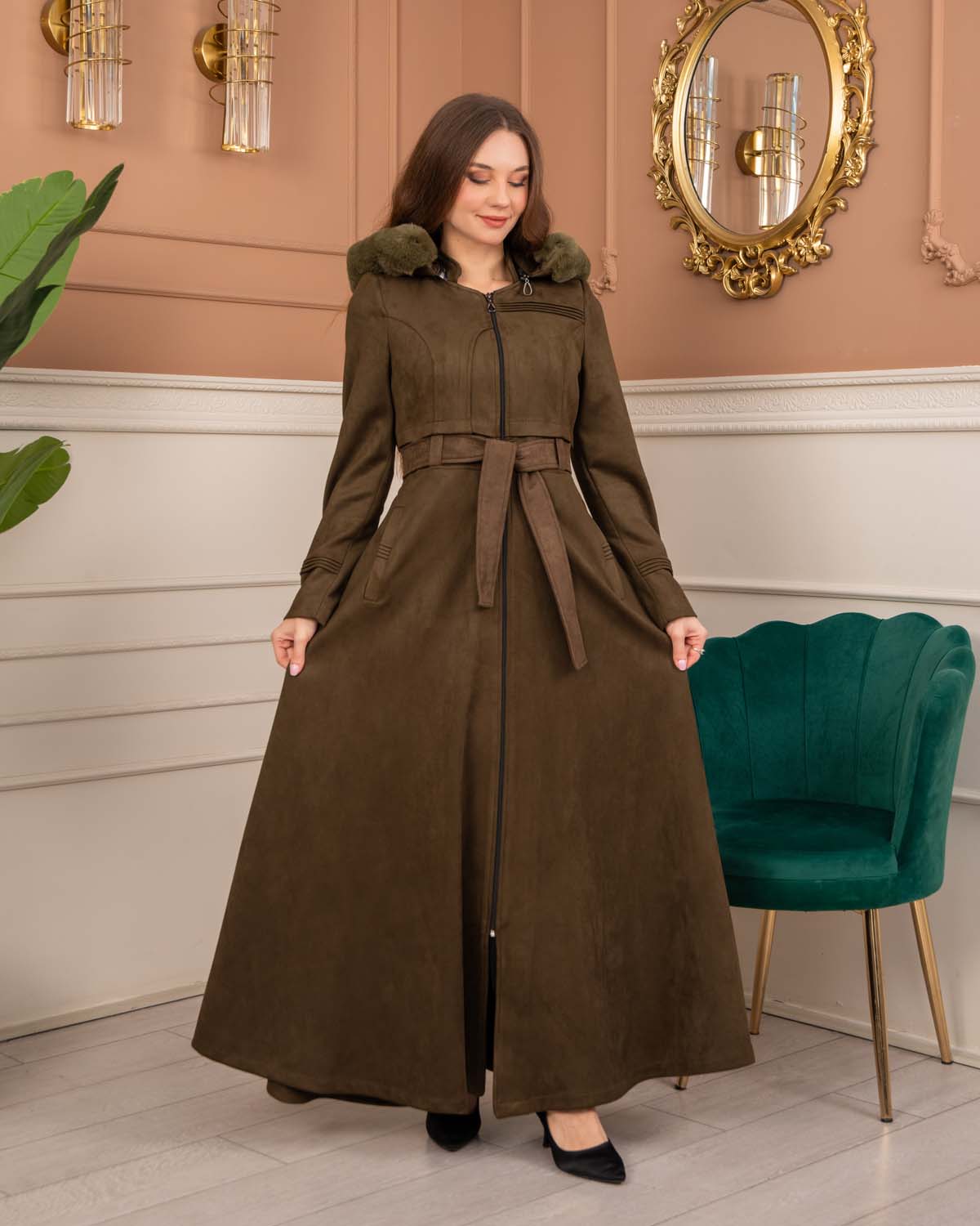 Women’s Long Winter Suede Coat 1369 - khaki