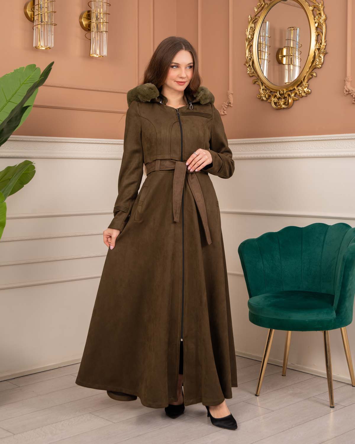 Women’s Long Winter Suede Coat 1369 - khaki