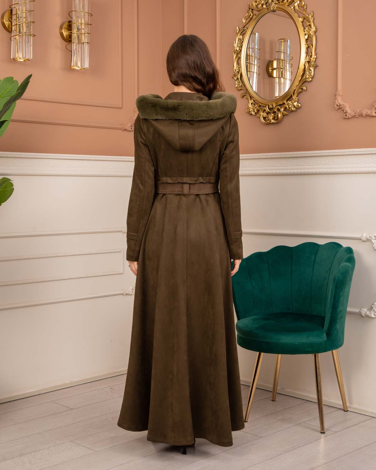 Women’s Long Winter Suede Coat 1369 - khaki