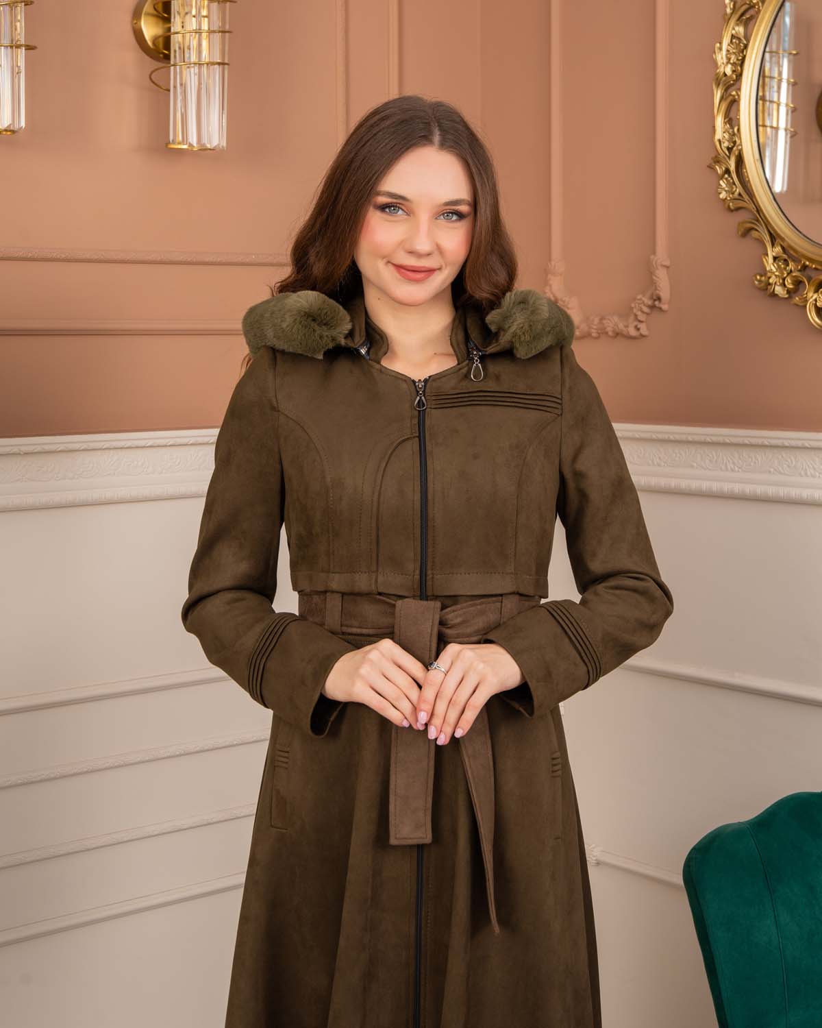 Women’s Long Winter Suede Coat 1369 - khaki