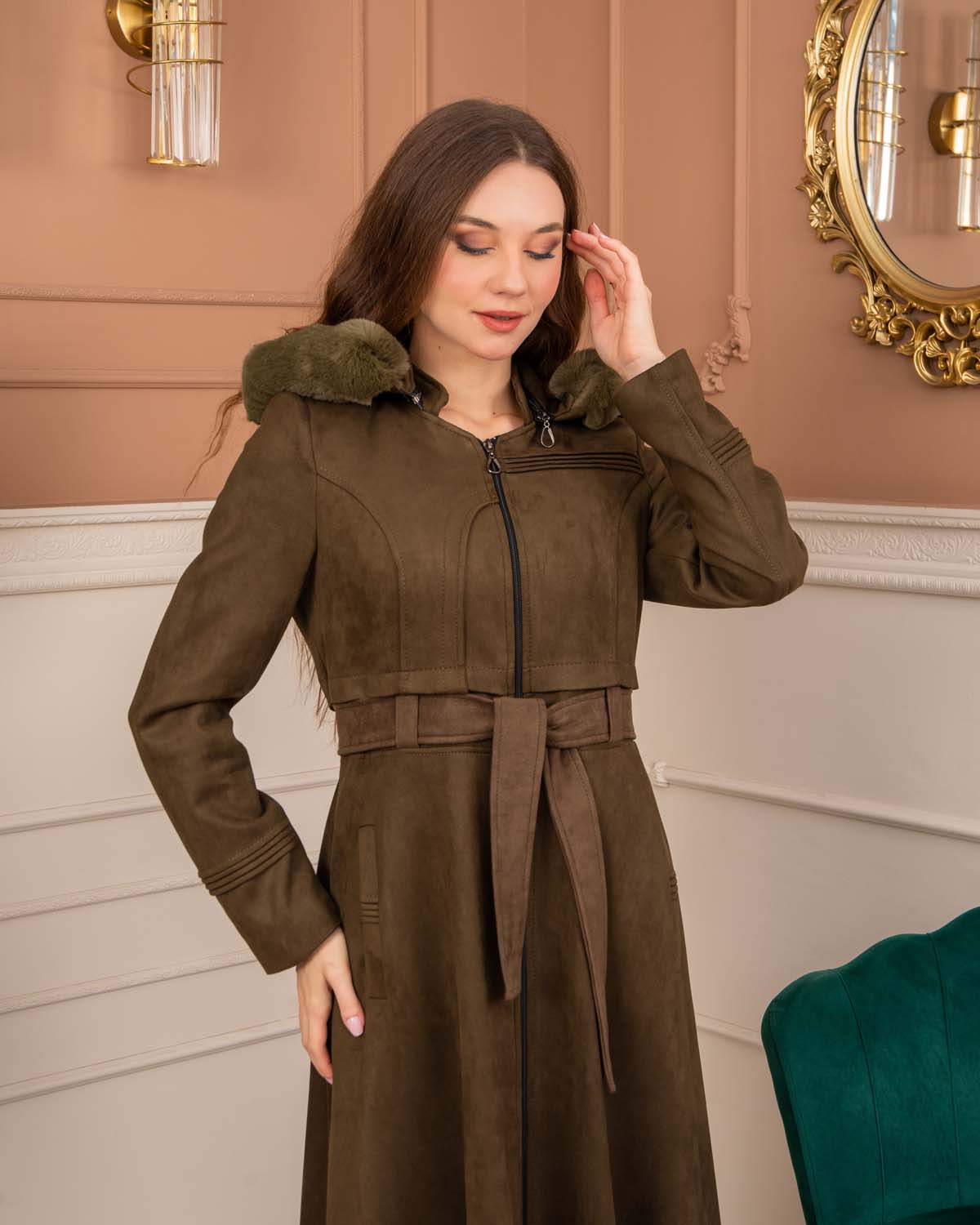 Women’s Long Winter Suede Coat 1369 - khaki