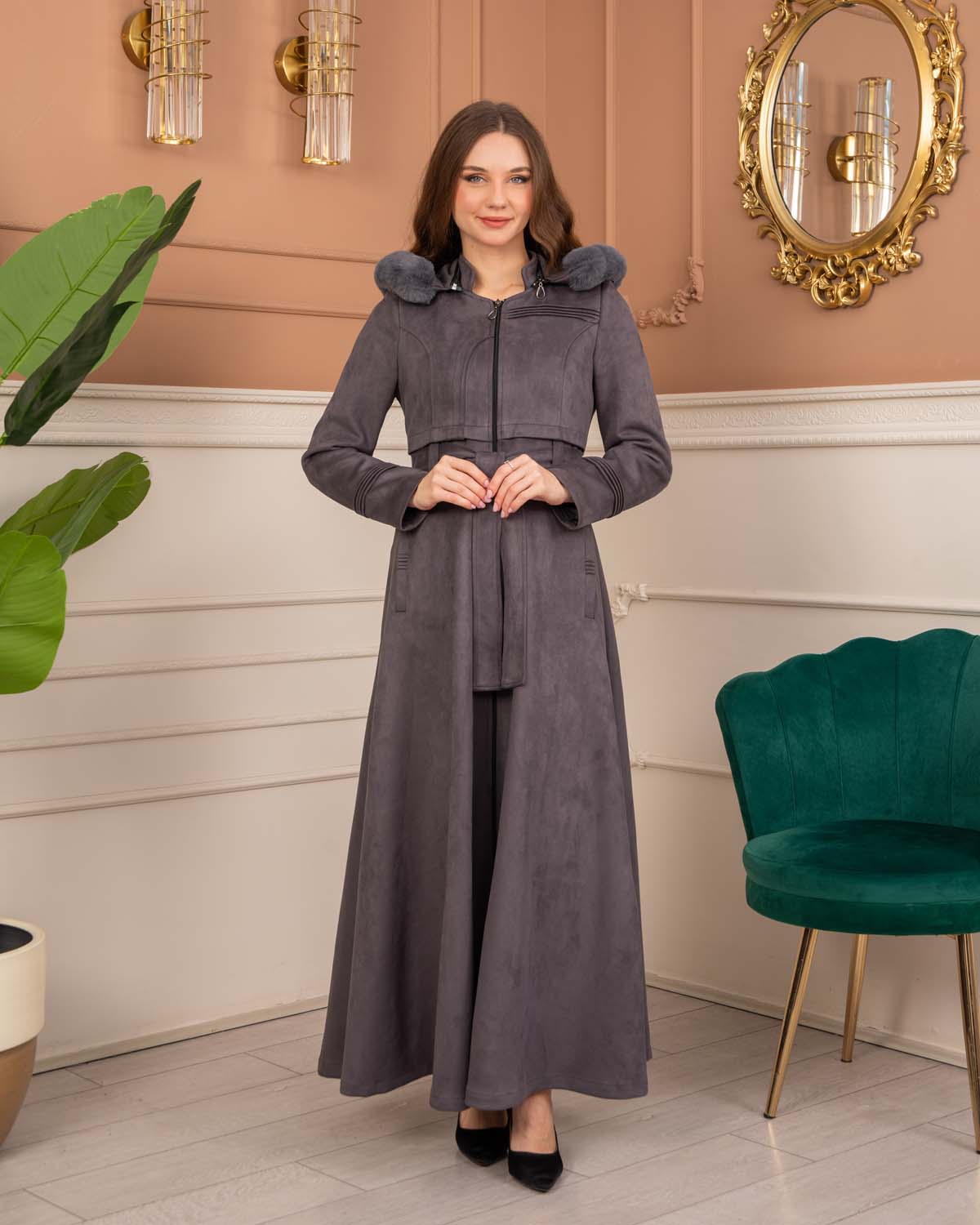 Women’s Long Winter Suede Coat 1369 - gray