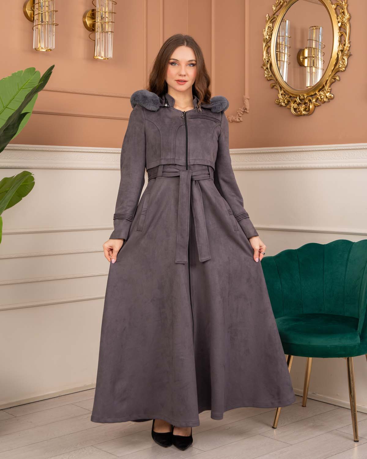 Women’s Long Winter Suede Coat 1369 - gray