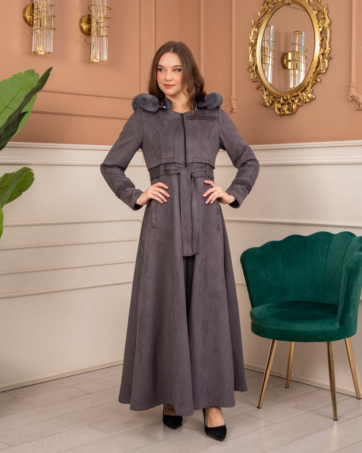 Women’s Long Winter Suede Coat 1369 - gray