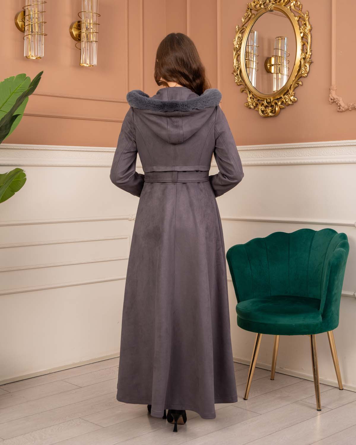 Women’s Long Winter Suede Coat 1369 - gray