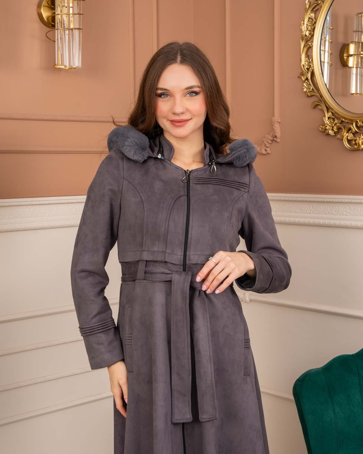 Women’s Long Winter Suede Coat 1369 - gray