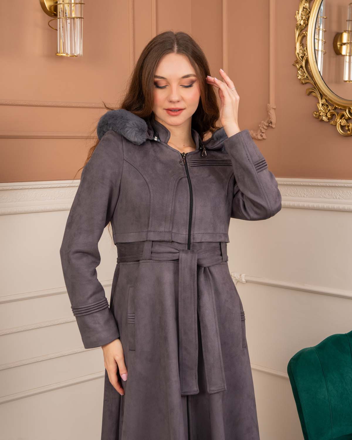 Women’s Long Winter Suede Coat 1369 - gray