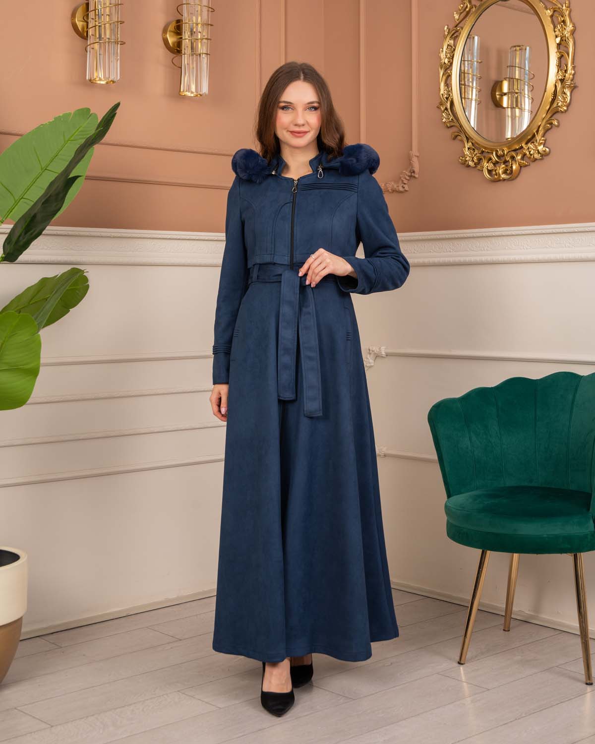 Women’s Long Winter Suede Coat 1369 - deep blue