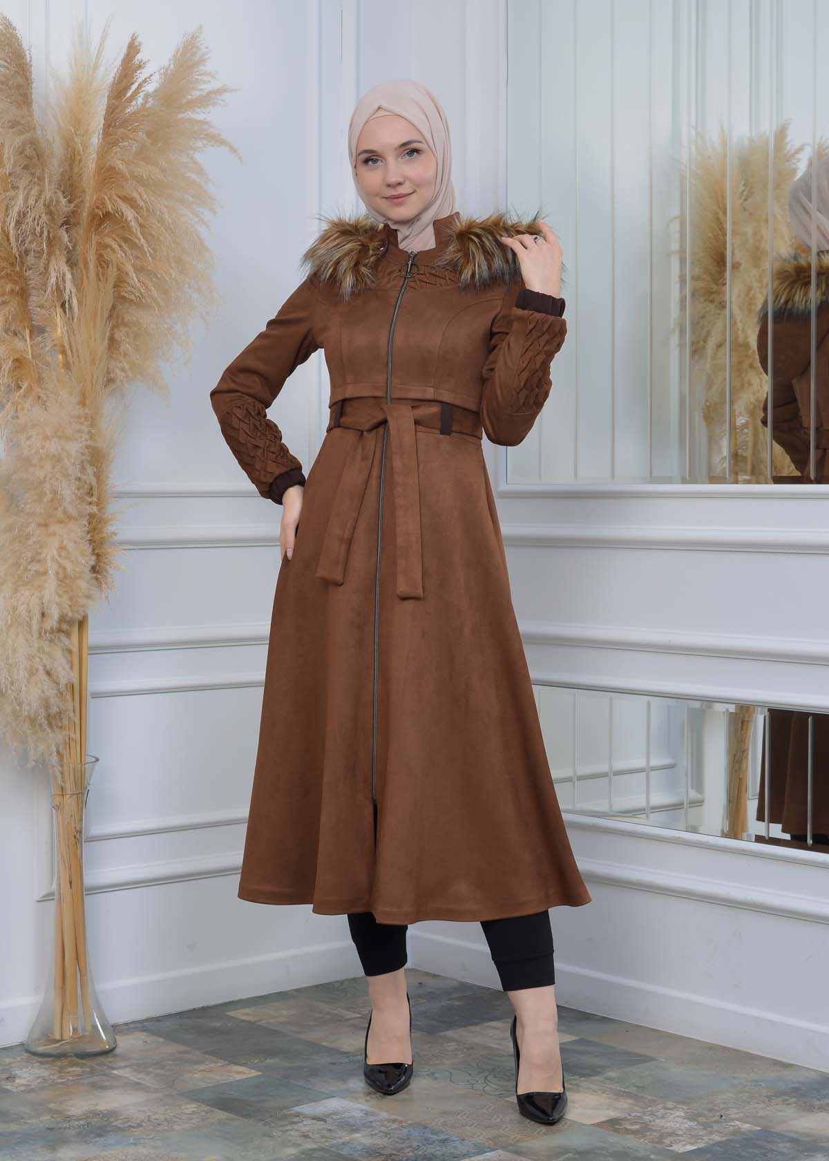 Womens trench coat suede, plisse, movable hood, 1316 - brown