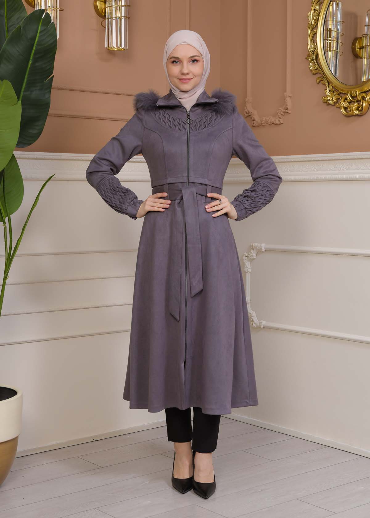 Womens trench coat suede, plisse, movable hood, 1316 - gray