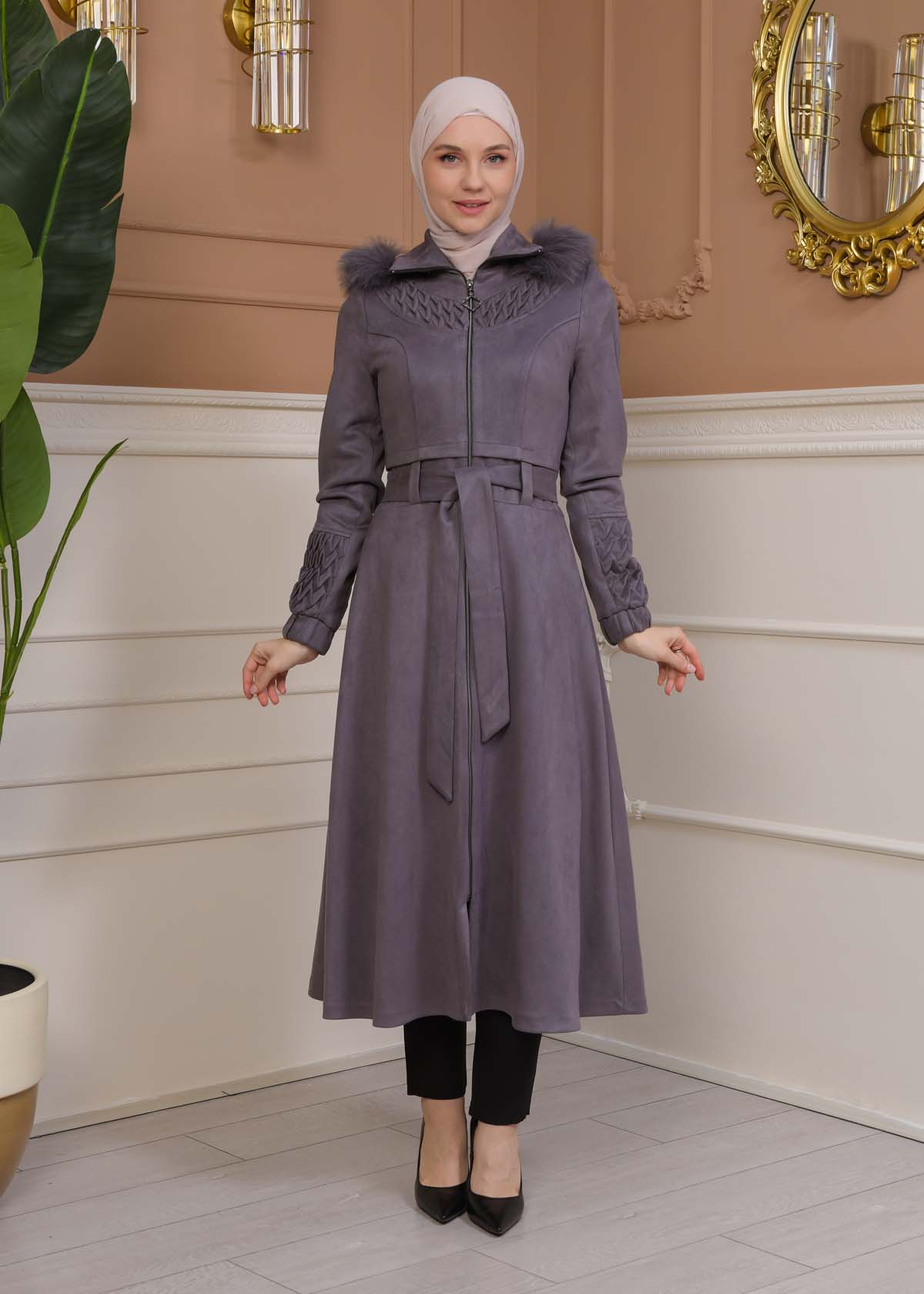 Women's trench coat suede, plisse, movable hood, 1316 Gri