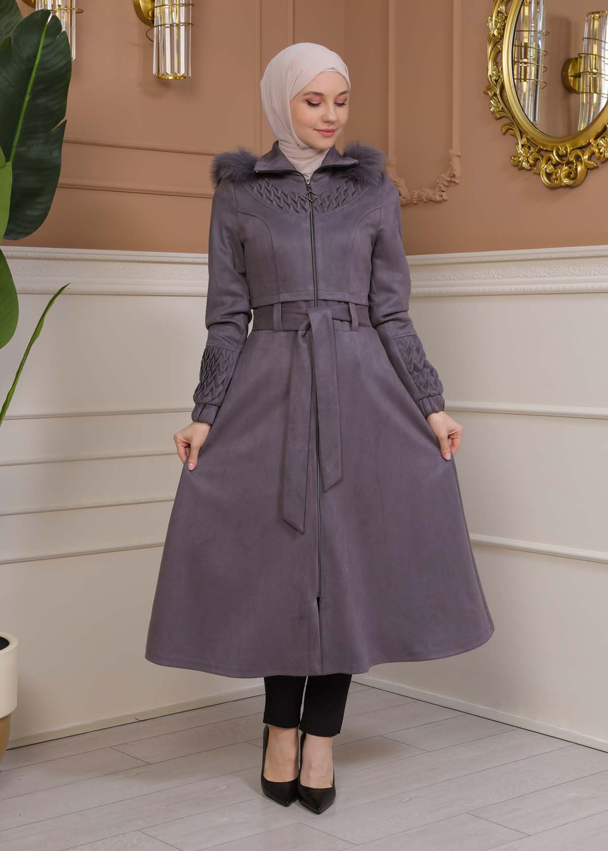 Women's trench coat suede, plisse, movable hood, 1316 Gri