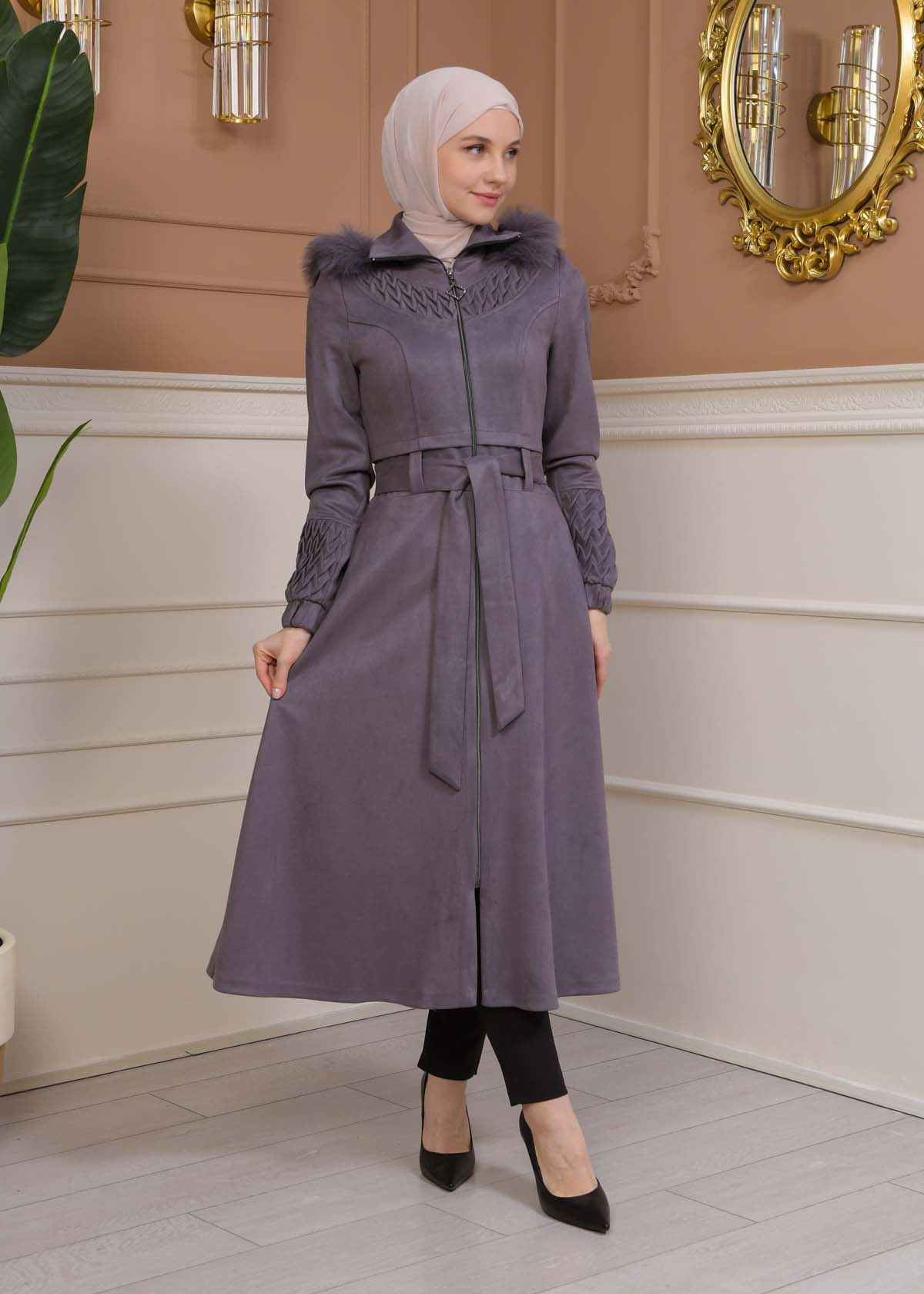 Women's trench coat suede, plisse, movable hood, 1316 Gri