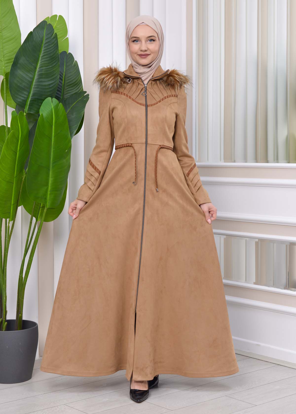 HOODED HIJAB TOPCOAT WITH WAIST TUNNEL 1330 - beige