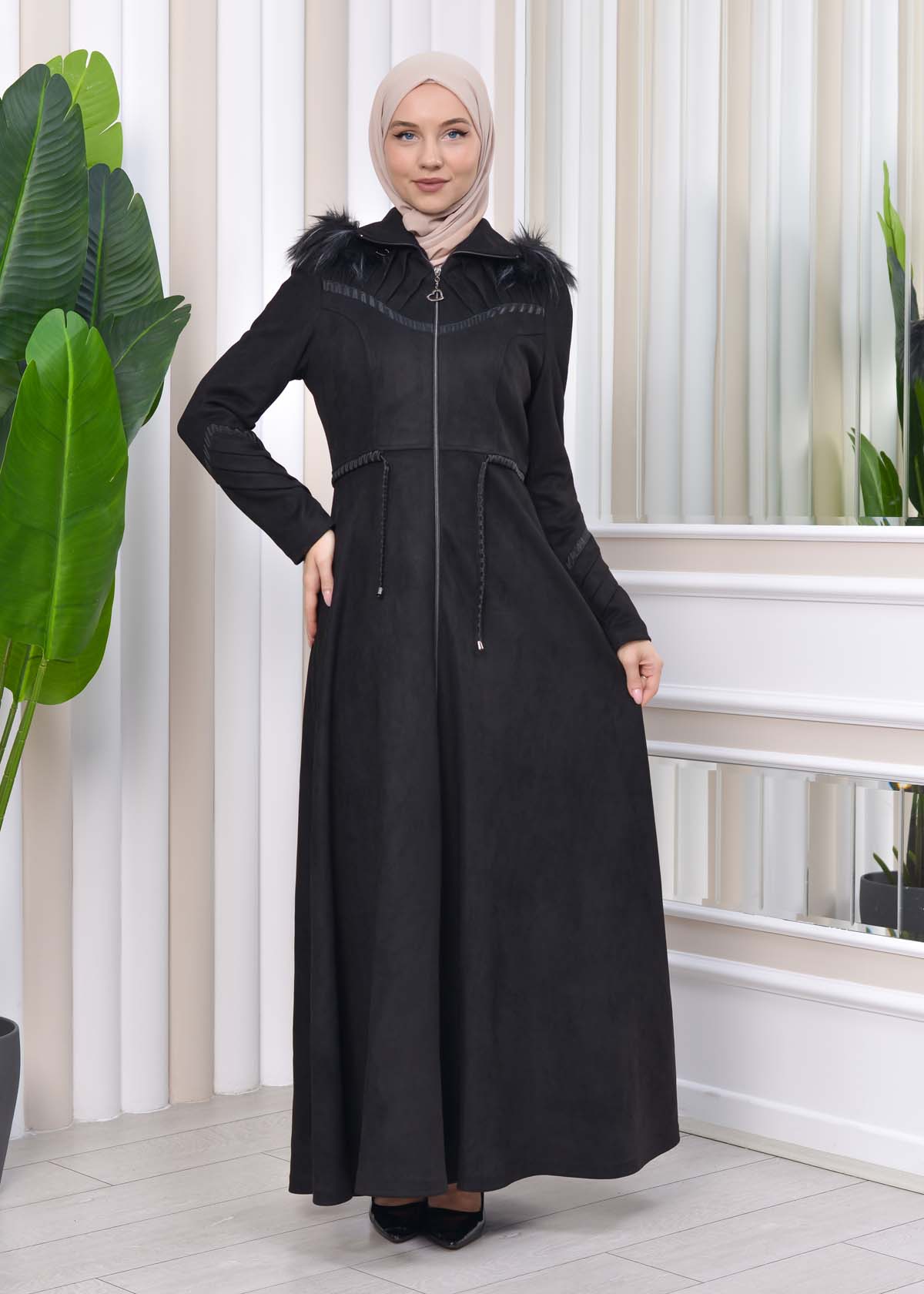 HOODED HIJAB TOPCOAT WITH WAIST TUNNEL 1330 Siyah