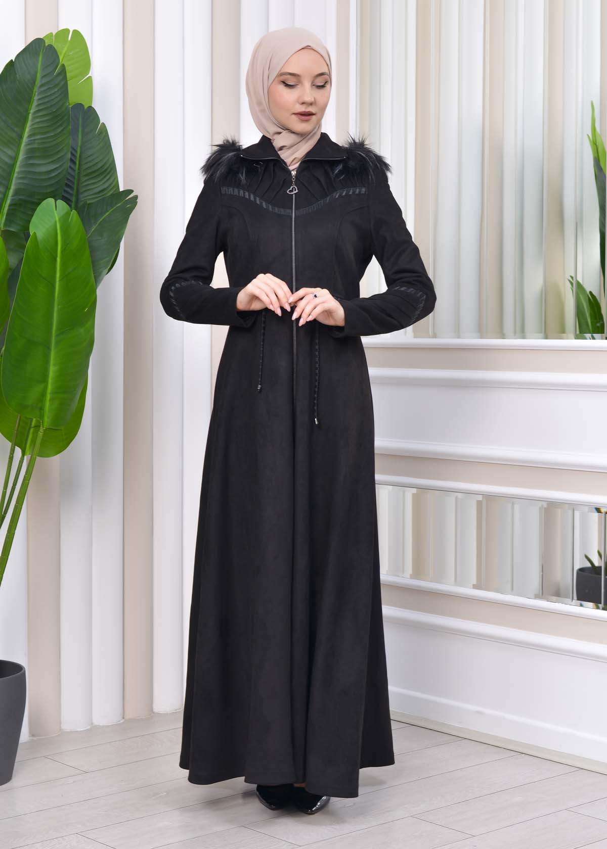 HOODED HIJAB TOPCOAT WITH WAIST TUNNEL 1330 Siyah