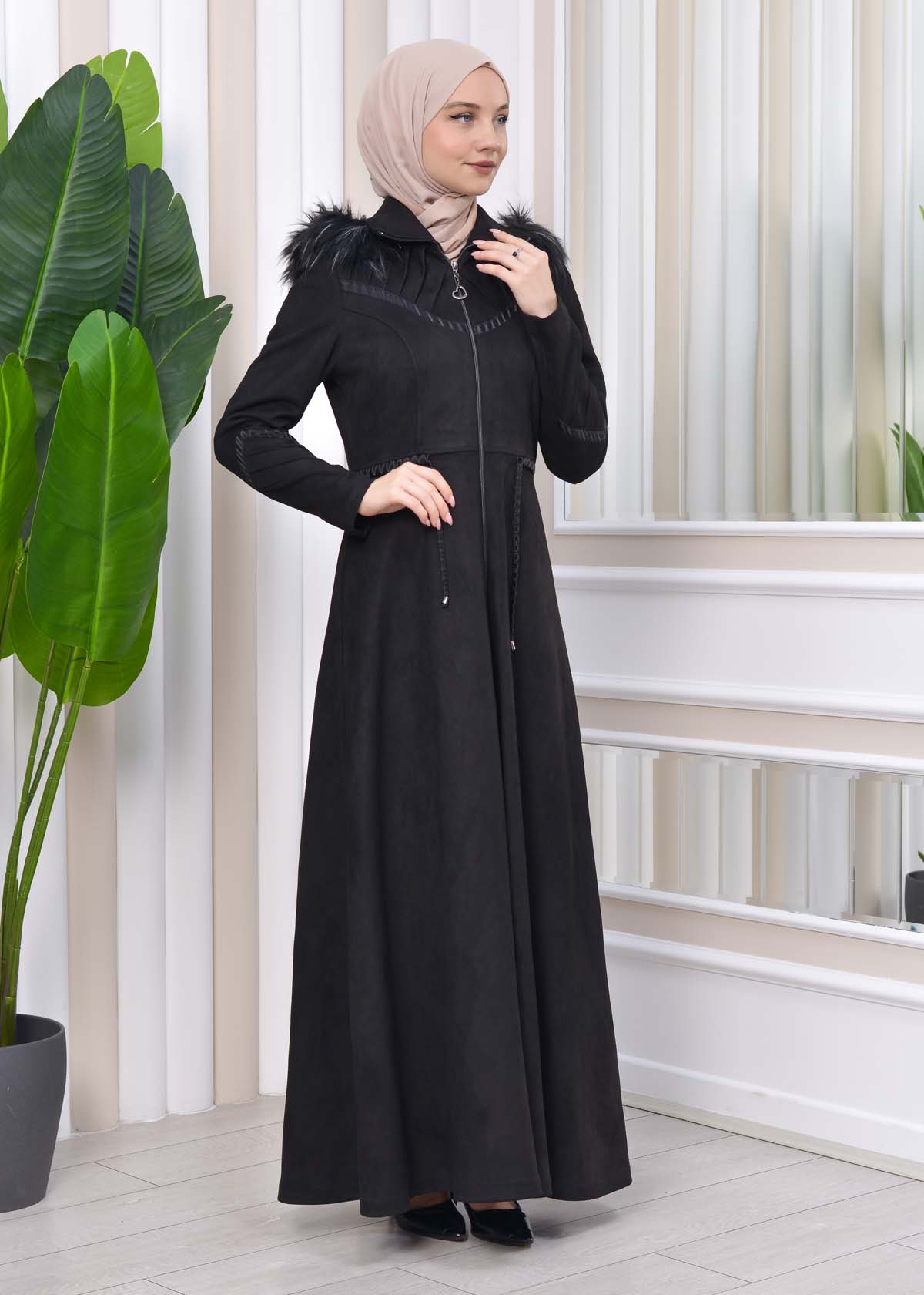 HOODED HIJAB TOPCOAT WITH WAIST TUNNEL 1330 Siyah