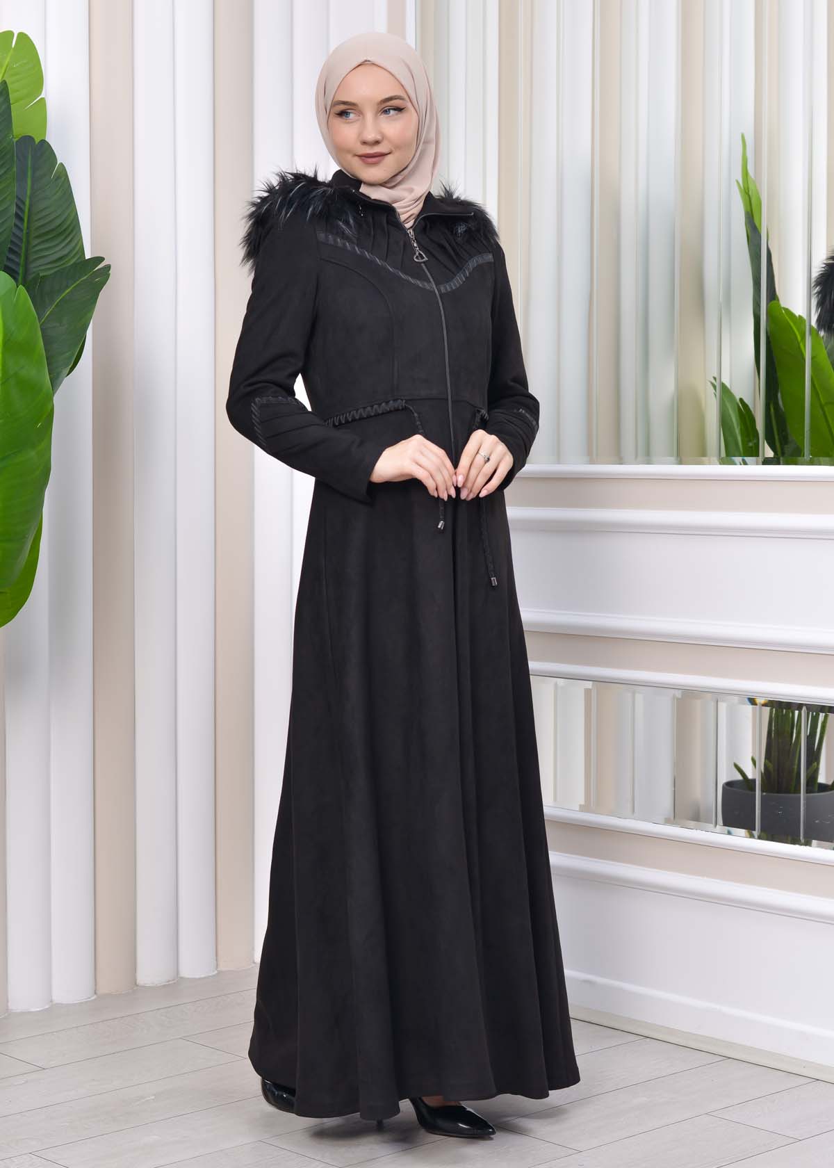 HOODED HIJAB TOPCOAT WITH WAIST TUNNEL 1330 Siyah