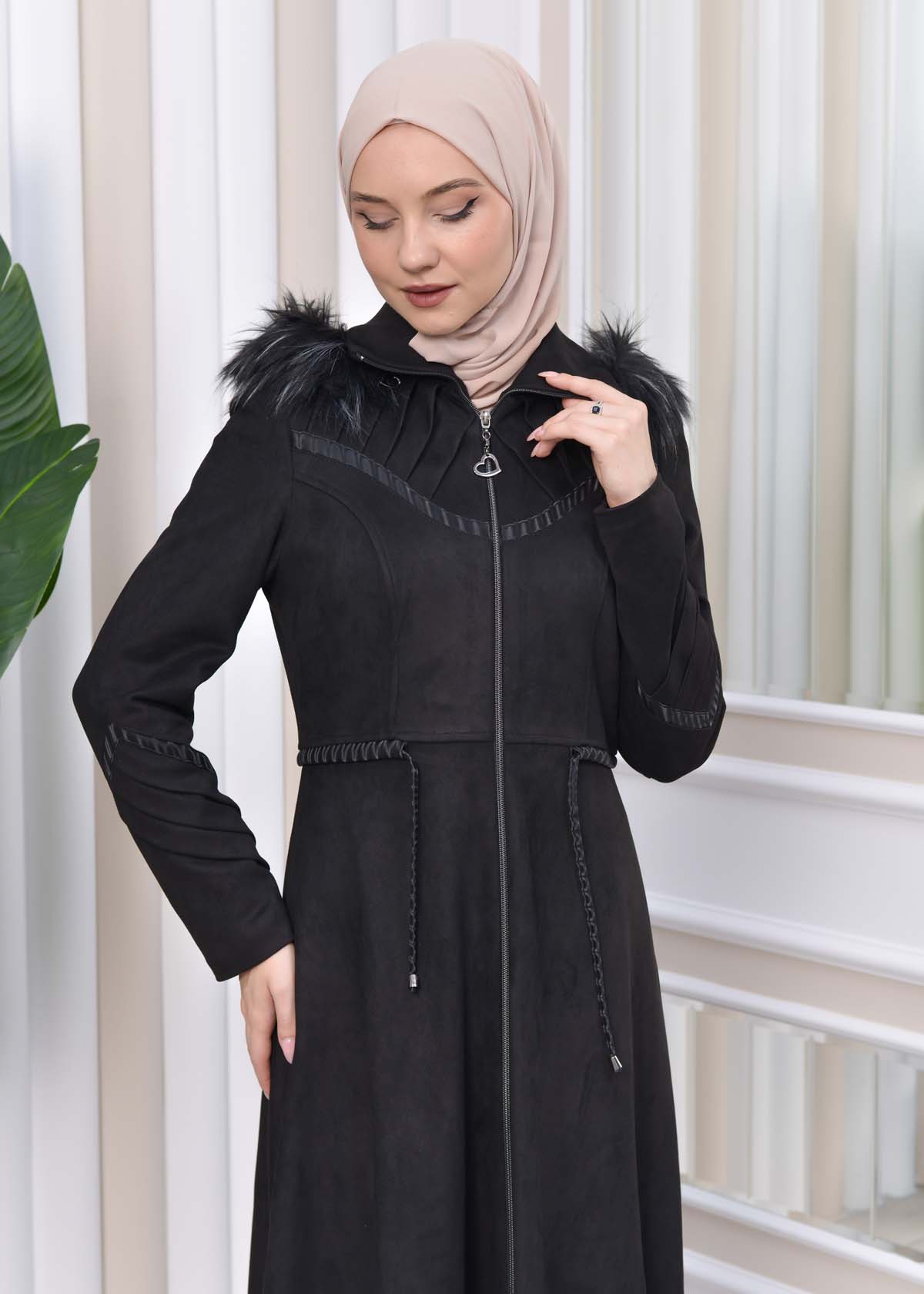 HOODED HIJAB TOPCOAT WITH WAIST TUNNEL 1330 Siyah