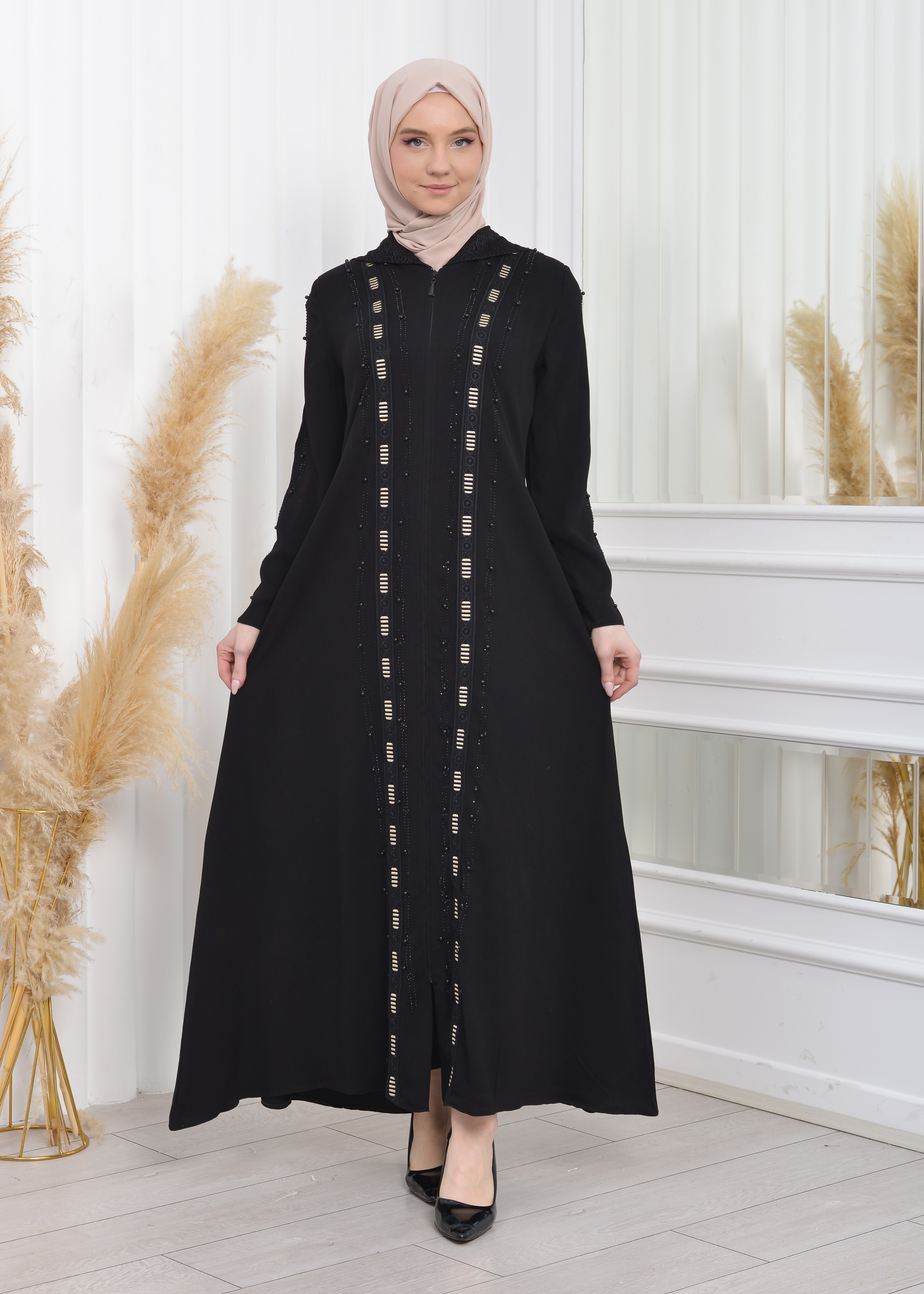 Hooded Zipper Embroidered Black Hijab Abaya 629 Siyah