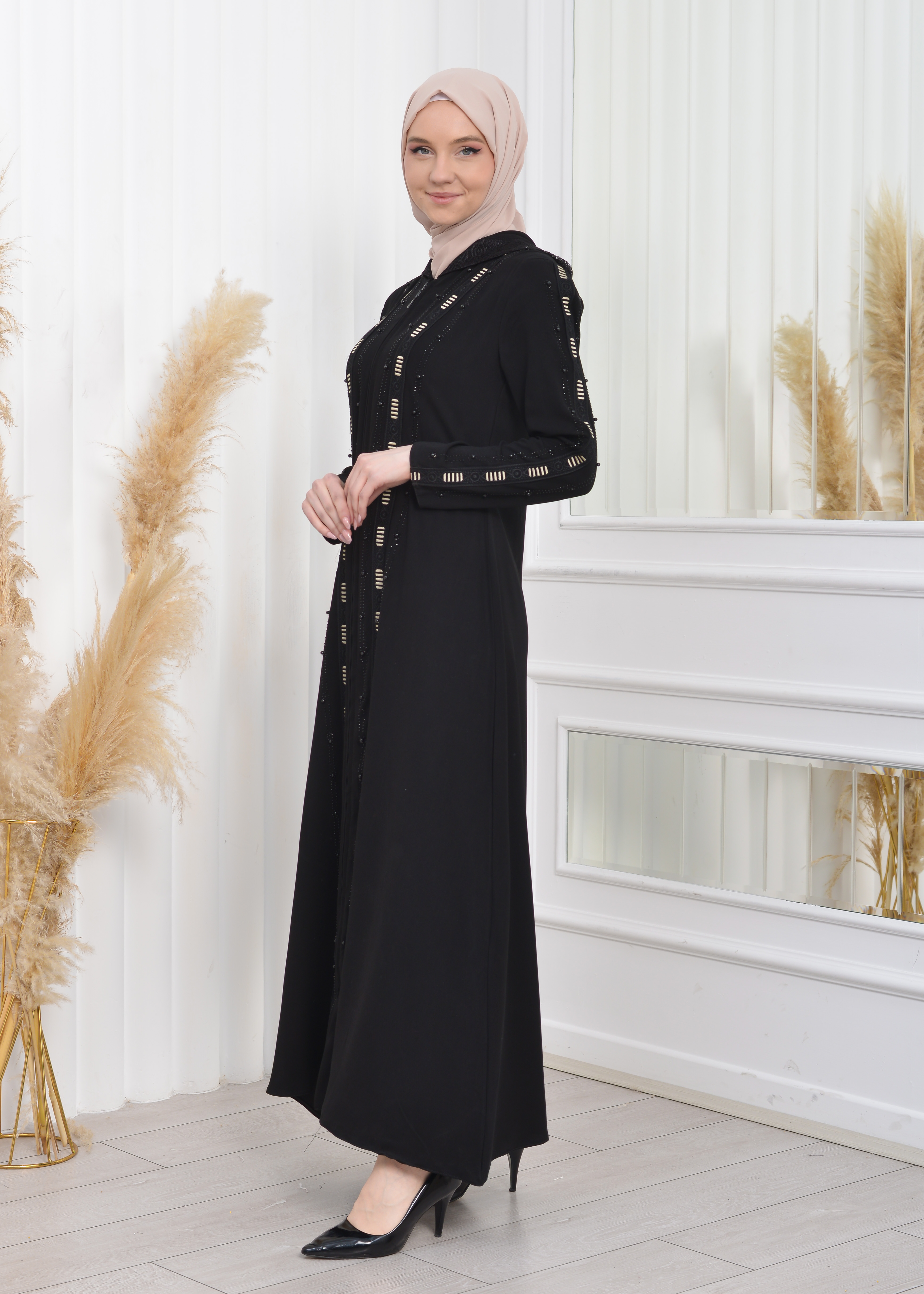 Hooded Zipper Embroidered Black Hijab Abaya 629 Siyah