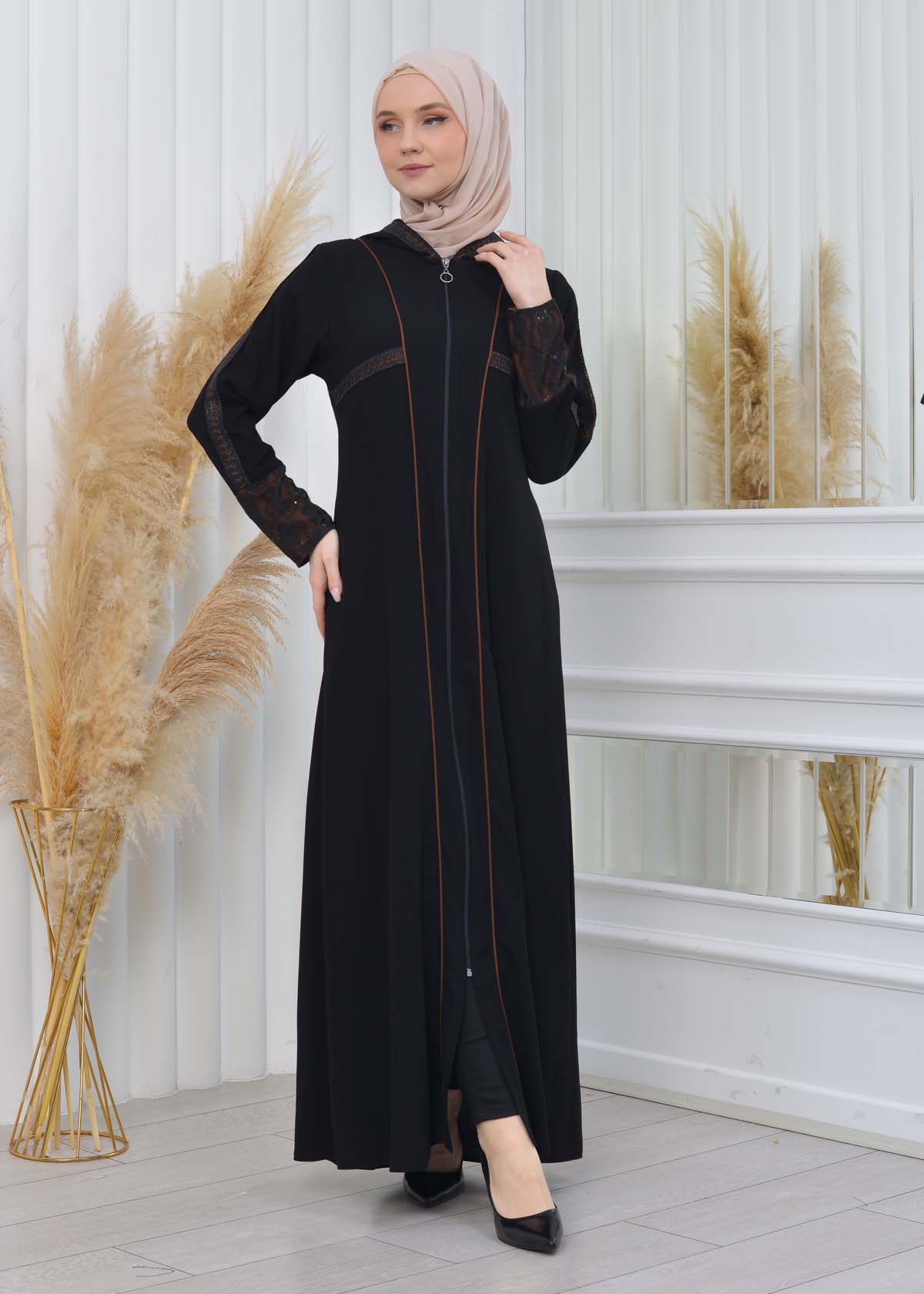 Hooded Zippered Hijab Abaya 613 taba